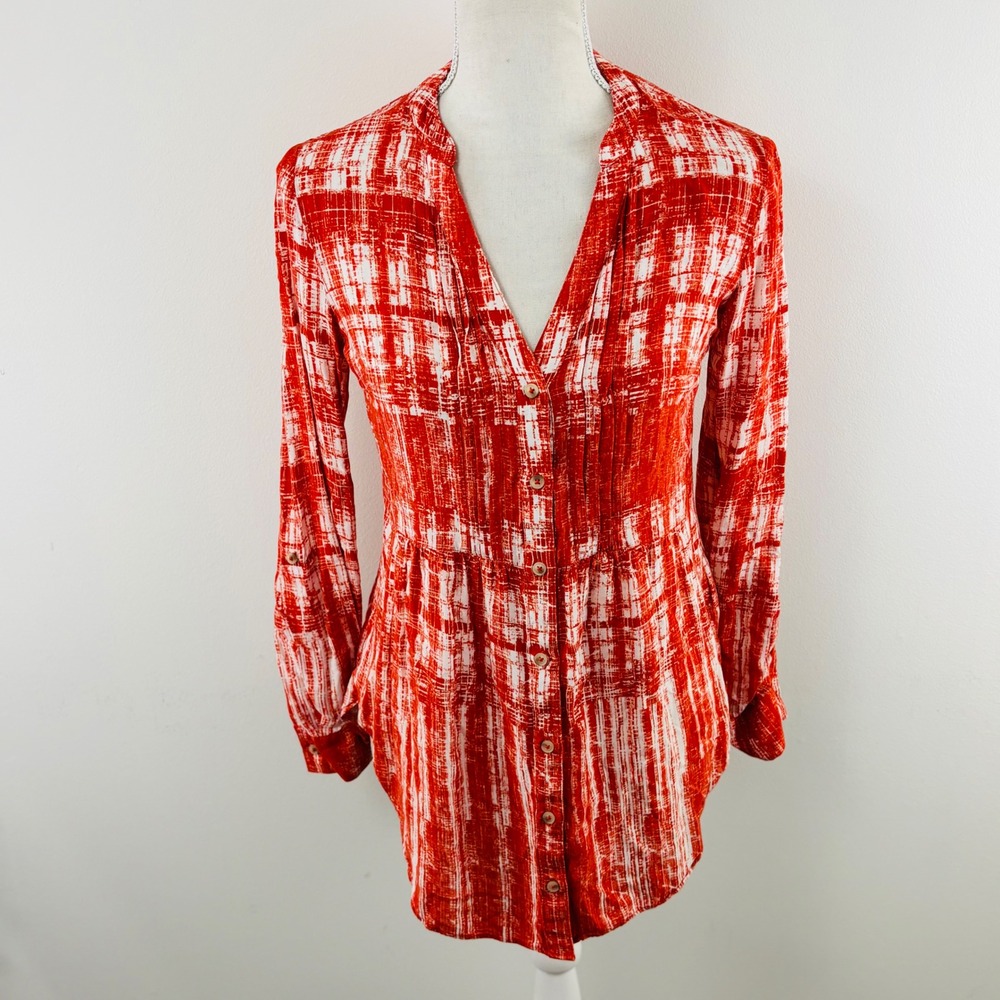 Anthropologie Maeve Calia Tunic Top Pleated‎ Lightweight V-Neck Orange Size 0